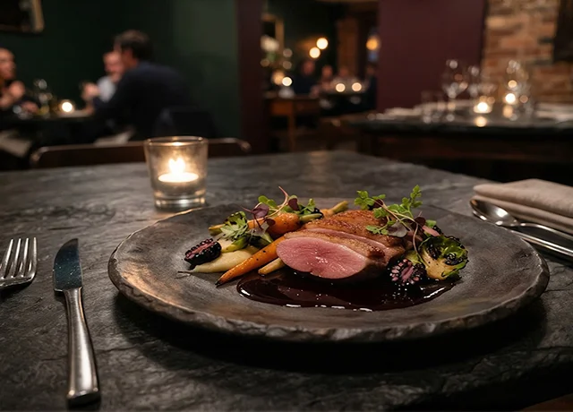 Detailní pohled na servírované kachní prso s grilovanou zeleninou a omáčkou na kamenném talíři v atmosféře večerní restaurace.